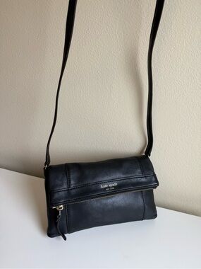 kate spade Black Leather Fold-Over Crossbody with Gold Hardware